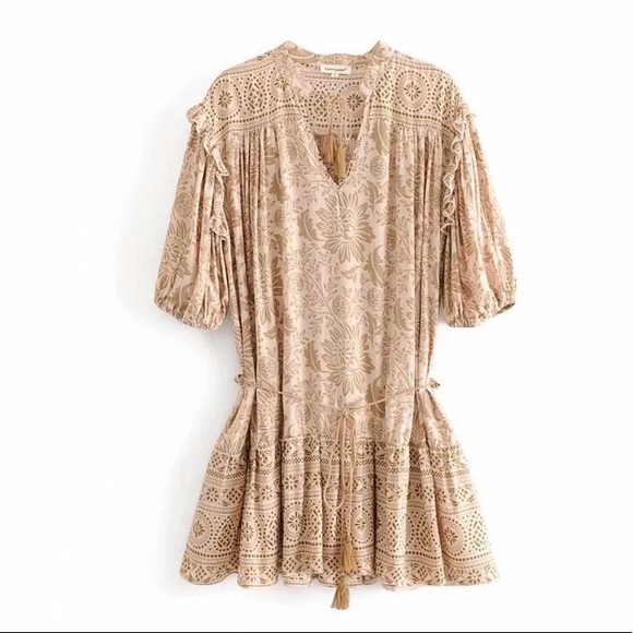 Island Boho Gypsy Paisley Floral Cotton Shift Dress In Tan, Tassel Belt … - Picture 10 of 10